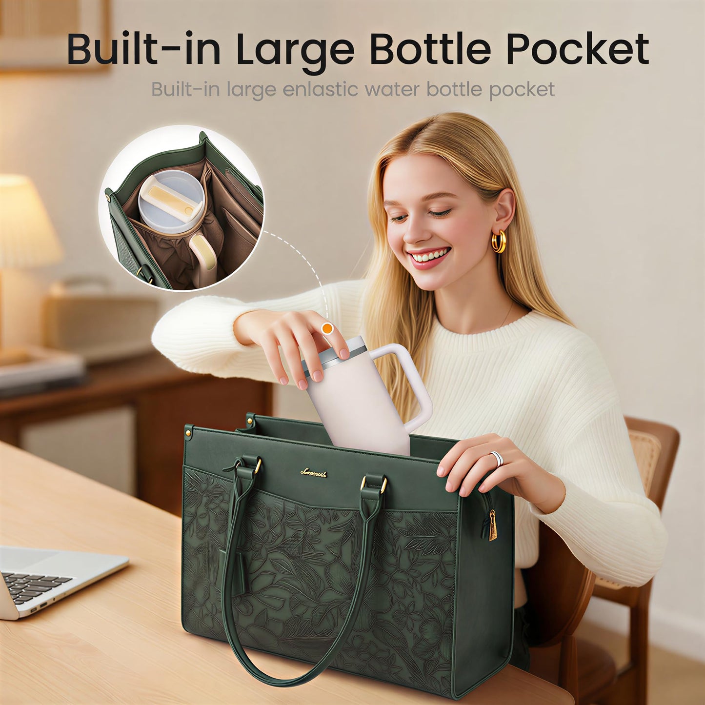 LOVEVOOK Vintage Laptop Tote for Women 15.6 inch, 2-in-1 Leather Structured Briefcase with compartments and Clutch, Large Capacity Waterproof Multi Pocket Tote Bag, Green