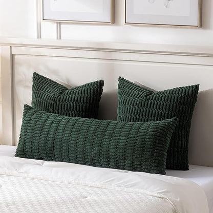 Fancy Homi Dark Green Long Body Lumbar Decorative Throw Pillow Covers 14x36 Inch for Bed Couch Bedroom Bench, Soft Corduroy Rectangle Solid Pillow Case 35x91 cm, Rustic Farmhouse Boho Room Decor