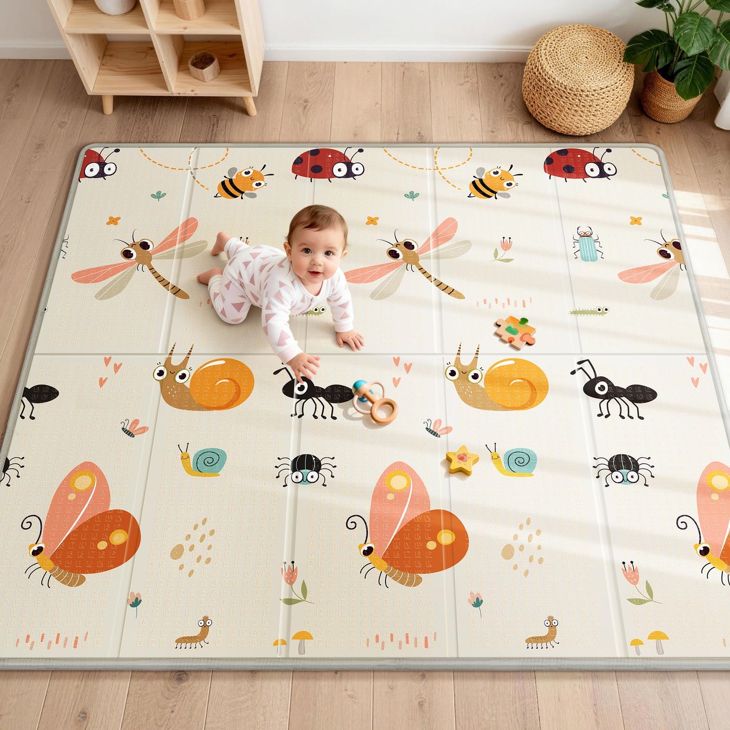 Foldable Baby Play Mat for Floor, 79x71 Extra Large Baby Play Mat for Crawling, Waterproof & Non-Toxic Foam Floor Mats, Portable Soft Foam Playmat for Babies 6-12 Months, Infants &Toddlers (Dragonfly)
