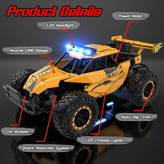 BLUEJAY Remote Control Car for Boys RC Cars 1:12 Monster RC Truck Off Road with LED Headlight and Rechargeable Battery Gifts for Adults Boys 8-12