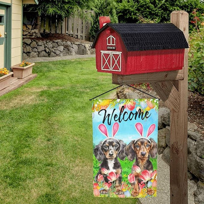 Dachshund Dog Bunny Cute Flower Happy Easter Garden Flag Welcome Party Outdoor Outside Decorations Picks Home House Garden Yard Decor 12x18 Inch