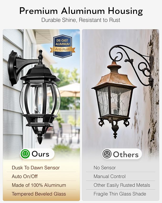 VIANIS Dusk to Dawn Porch Lights Outdoor, Black Exterior Light Fixtures Wall Mount for House, 2 Pack Modern Coach Lights for Garage with Tempered Glass, Anti-rust Outdoor Wall Sconce Lantern for Patio