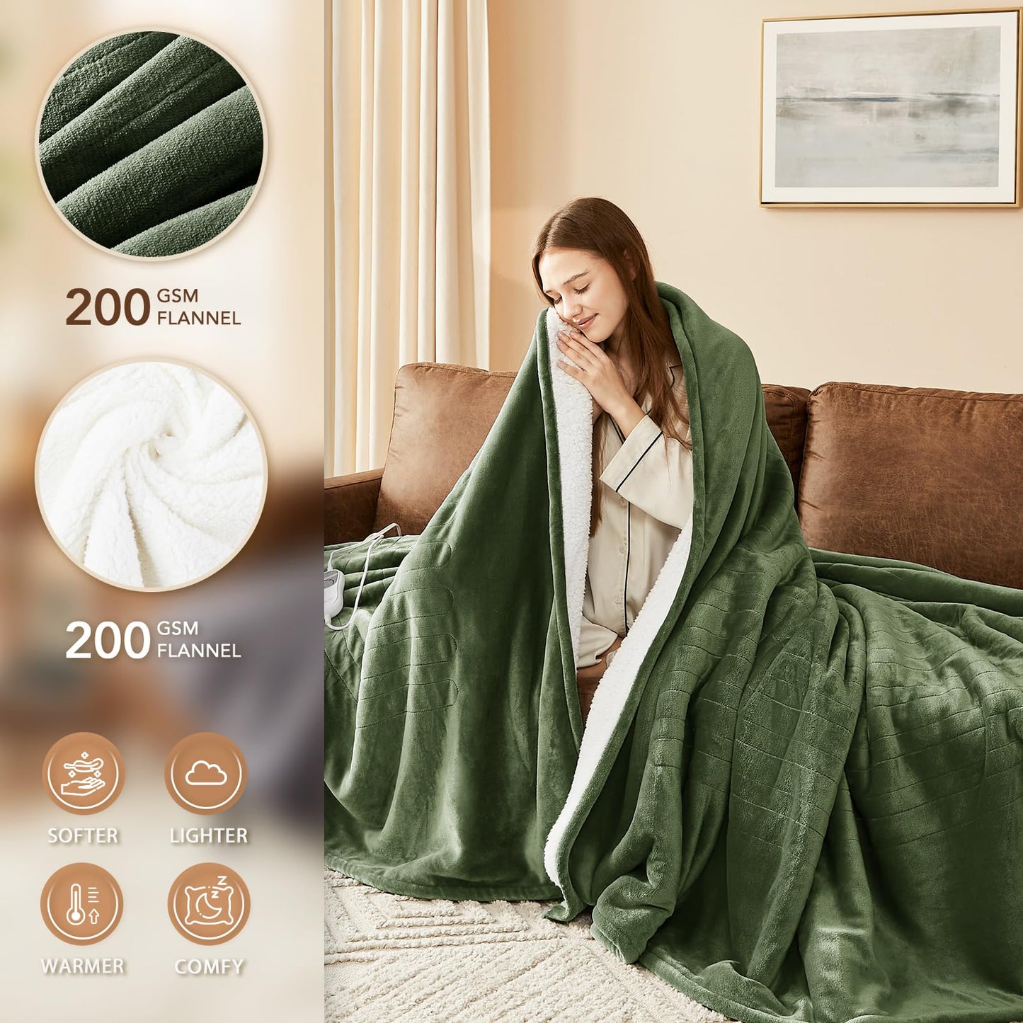 Homemate Electric Heated Blanket Twin - 62"x84" Heating Bed Blankets Throw with 10 Heating Levels 8 Hours Auto Off Fast Heating Over-Heated Protection Ultra Soft Warm Flannel ETL Certified Grey