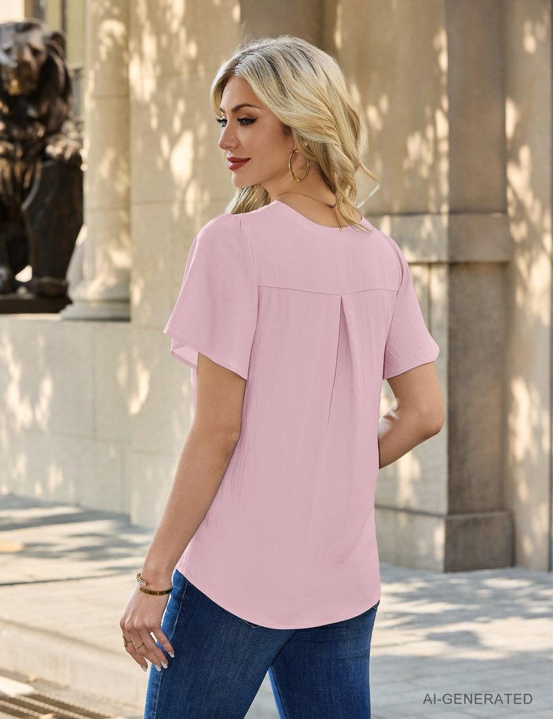 Blooming Jelly Womens Dressy Casual Blouses Business Work Summer Tops Zip Ruffle Short Sleeve Cotton Shirts Trendy Spring Outfits (Pink,Medium)