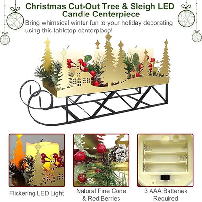 Christmas Sleigh Centerpiece Table Decorations with Flickering Led Candle Lights Xmas Sleigh Silhouette Candelabrum for Dinning Room, Table, Fireplace, Mantel Holiday Decoration