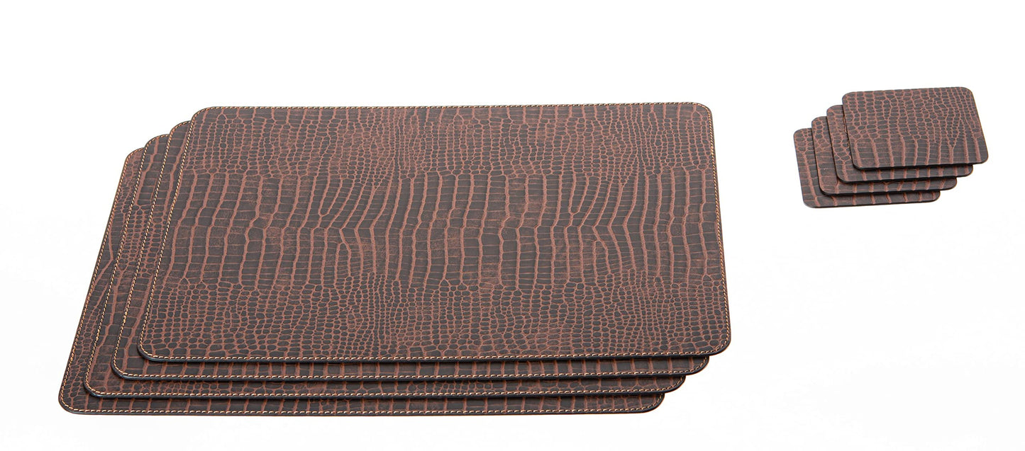 Nikalaz Set of 4 Placemats and 4 Coasters Made of Recycled Leather (18''x13'', Crocodile Embossing)