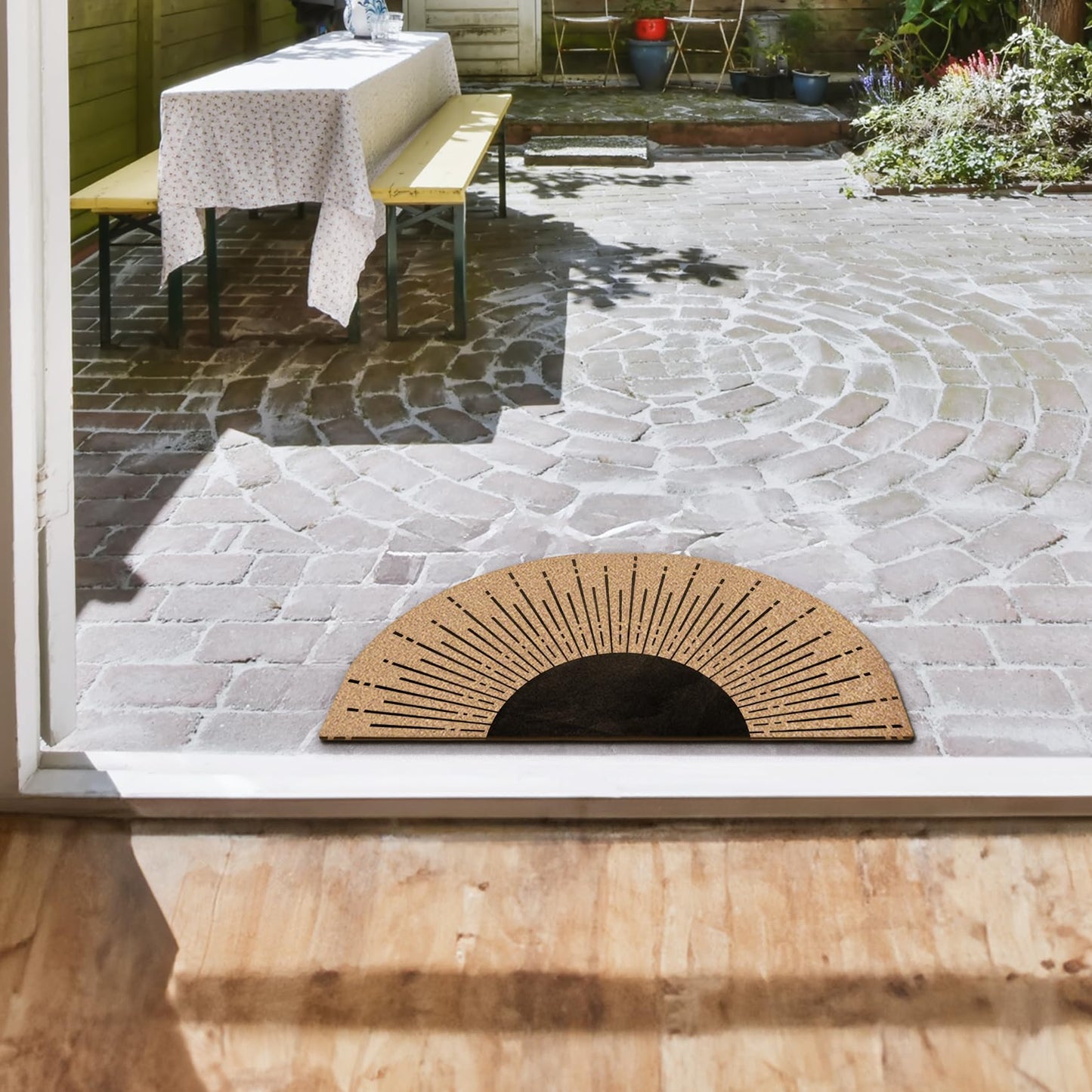 Mingnei Boho Sun Coco Coir Half Circle Door Mat for Home House Entrance, Abstract Minimalist Black Boho Sunshine Sunset Sunrise Floor Mats for Outdoor Outside Entryway 30x17 Welcome Mat