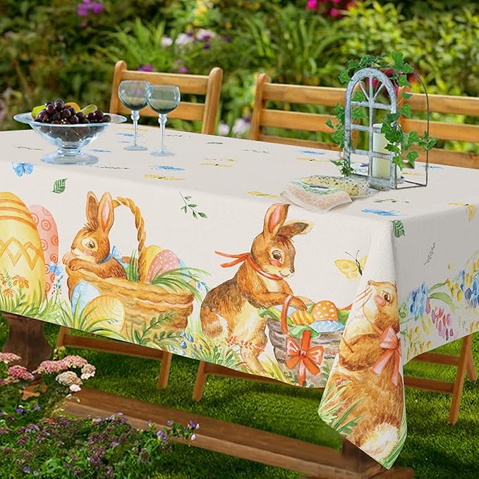 Easter Bunny Tablecloth 54"x108" Rectangle Vintage Easter Floral Butterflies Flower Leaf Egg Rabbit Fabric Table Cover for Happy Easter Spring Holiday Birthday Wedding Outdoor Picnic Party Supplies