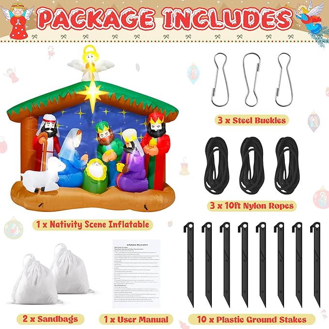 8FT Christmas Inflatables Nativity Scene, Blow Up Christmas Nativity Scene, LED Lighted The Birth of Jesus Scene Inflatables Decor, Christmas Outdoor Inflatable Decor for Xmas Yard Lawn Patio