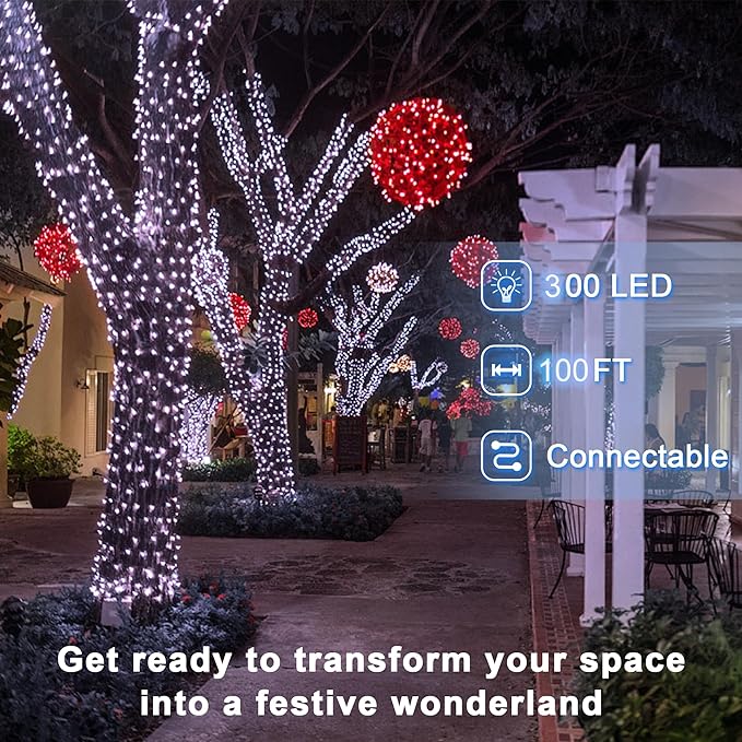 300LED Christmas Lights Indoor Outdoor Use Green Wire, 8 Lighting Modes 100FT Christmas Tree Lights with Timer & Memory, IP44 Waterproof for Tree Xmas Patio Yard Fence Balcony Garden Cool White
