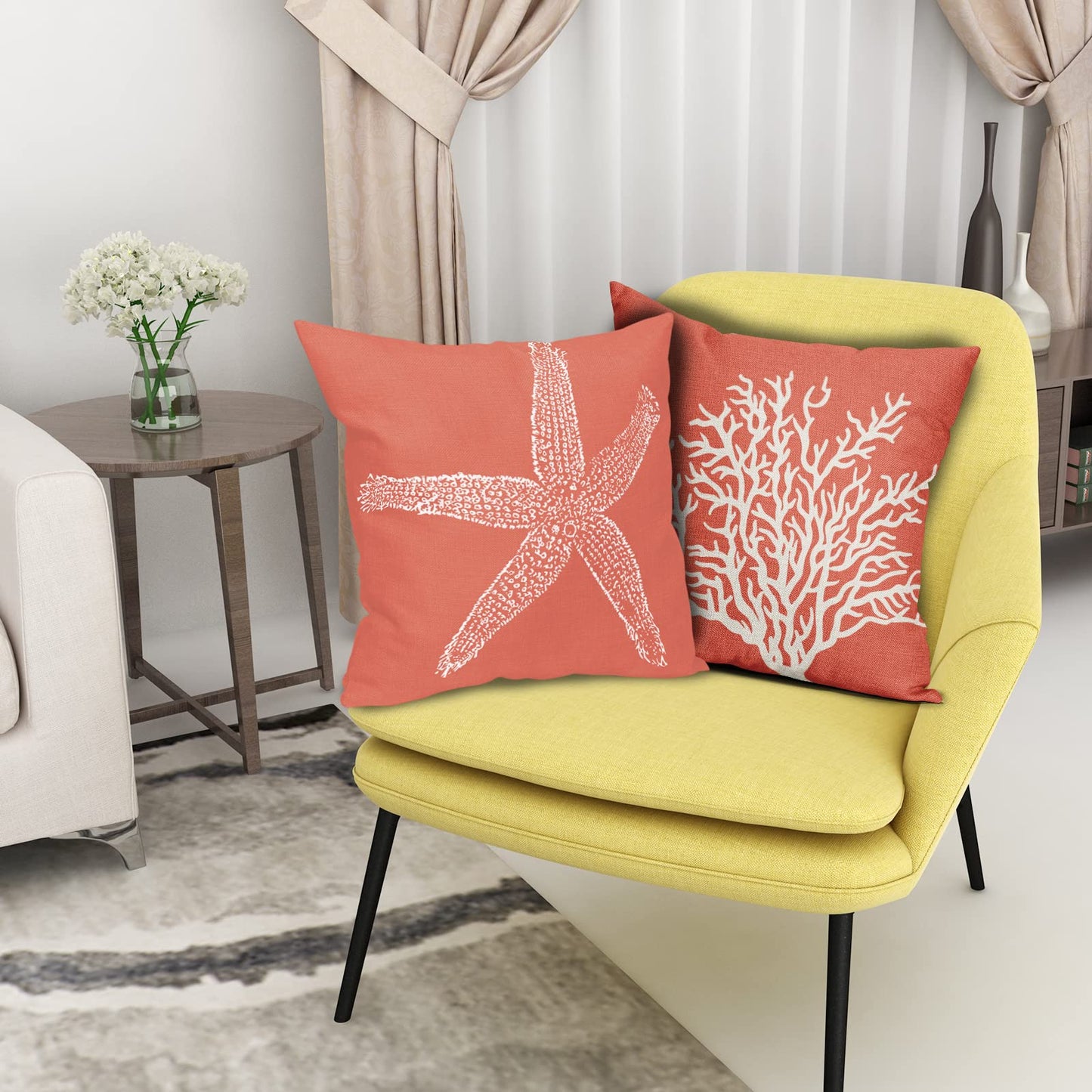 Coastal Coral Throw Pillow Covers 20x20 Inch Set of 2 Starfish Beach Nautical Pillow Covers Summer Farmhouse Pillowscase Linen Square Cushion Covers for Sofa Couch Bedroom Living Room Home Decoration
