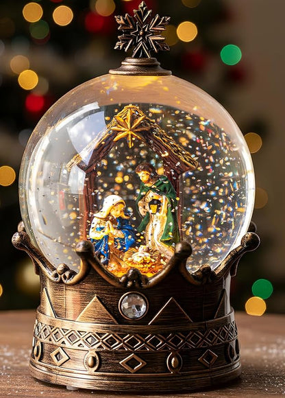 Christmas Snow Globe Lantern Water Glittering Nativity Crown with Music, USB Lined/Battery Operated Lighted Lantern for Christmas Festival Decoration Gifts