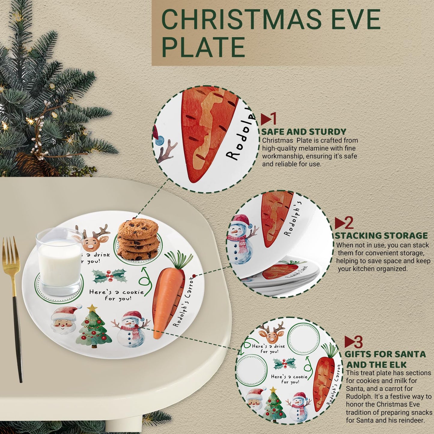 Viynran 10" Santa Cookie Melamine Plate – Round Christmas Tray for Snacks, Milk, and Carrots, Cute Santa Treat Platter for Xmas Eve, Decorative Serving Board for Holiday Parties (2 Pieces)