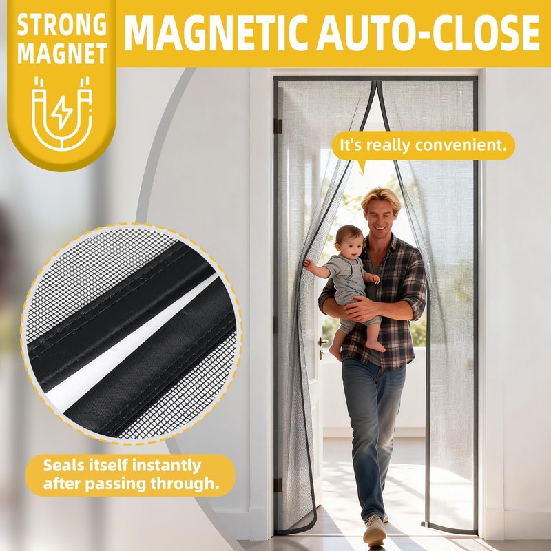 Magnetic Screen Door – 34" x 81" with Strong Magnets, Self Sealing Hands Free Mesh Curtain for Interior Door, Fits 32" x 80" Standard US Door, Keep Bugs Out, Pet and Kid Friendly, Easy Install, Black