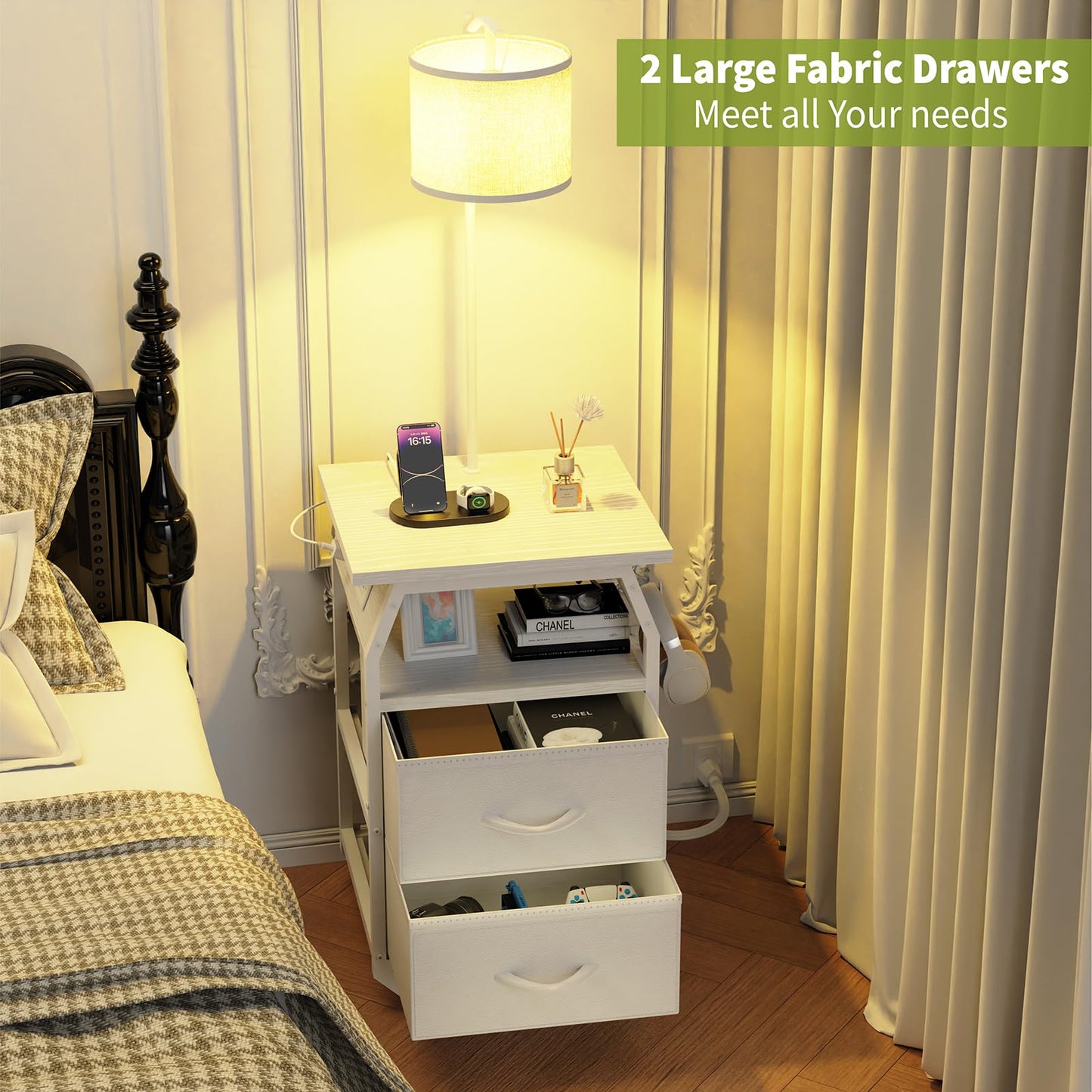 runjuly Floor Lamp with Table, End Tables with Lamps Attached 3-Color Temperature Bulb, Side Table with Lamp with 2 Drawers & Charging, Lamps Tables Combo for Bedroom, Dorm, Apartment - White