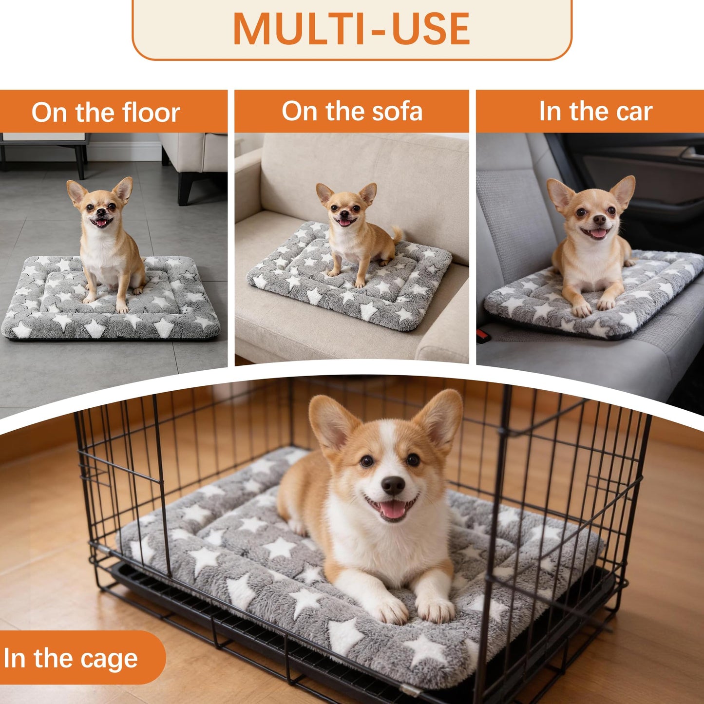Fogkiss Dog Bed Mat, Reversible Crate Pad & Cute Dog Bed - Machine Washable Kennel Mat with Ultra Soft for Small Dogs (Cool/Warm), 24" x 18", Grey&Star