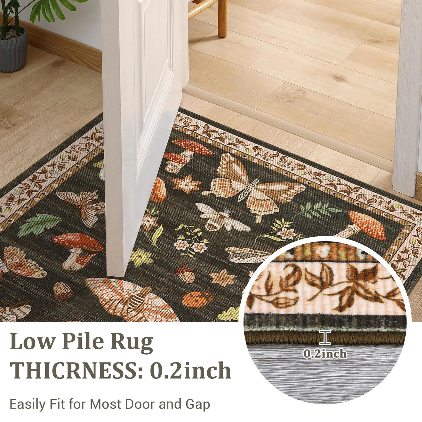 Mushroom Insect 4ft Round Rug Washable Non-Slip Soft Ultra-Thin Small Boho Circle Carpet for Entryway Kitchen Bedroom Nursery Dining Room Brown