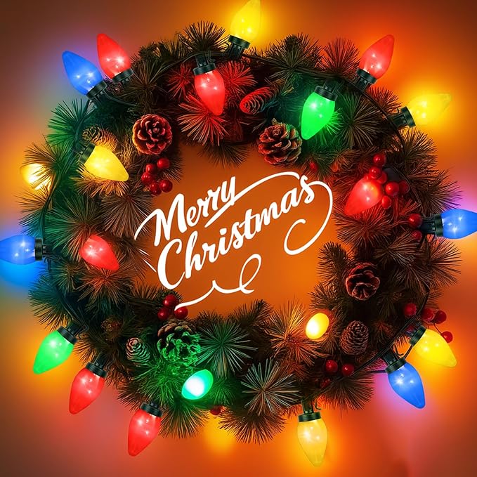 C7 100 LED Battery Operated Christmas Lights,Battery Powered Waterproofing Bulbs,34FT 8 Modes with Auto On/Off Time for Xmas Tree Garden Patio Indoor Outdoor Christmas Decor(Multicolor)