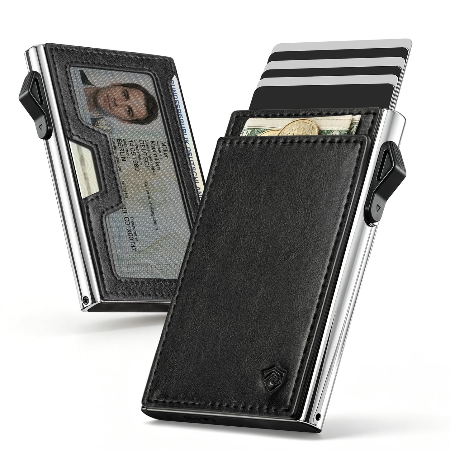 Bauhaus Slim Wallet for Men | RFID NFC Blocking Automatic Ejector | Pop-Up Card Holder Premium Leather Front Pocket Minimalist Mens Wallet Holds 7 Cards + ID + Cash | Gift for Men Black and Sliver