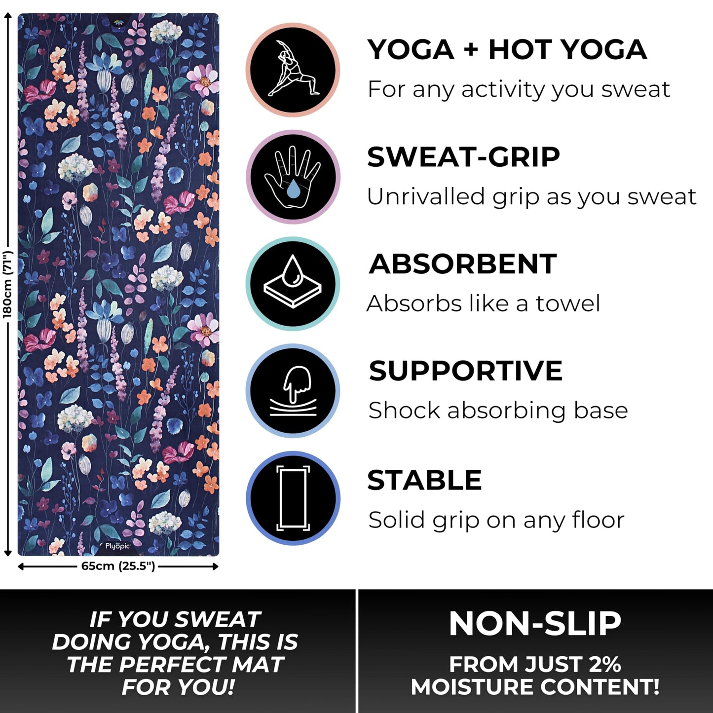 Plyopic. All In One Yoga Mat | Luxury Sweat-Grip Mat/Towel Combo | Ideal for Yoga, Hot Yoga, Bikram, Pilates, Workout & Exercise | Eco-Friendly Natural Rubber