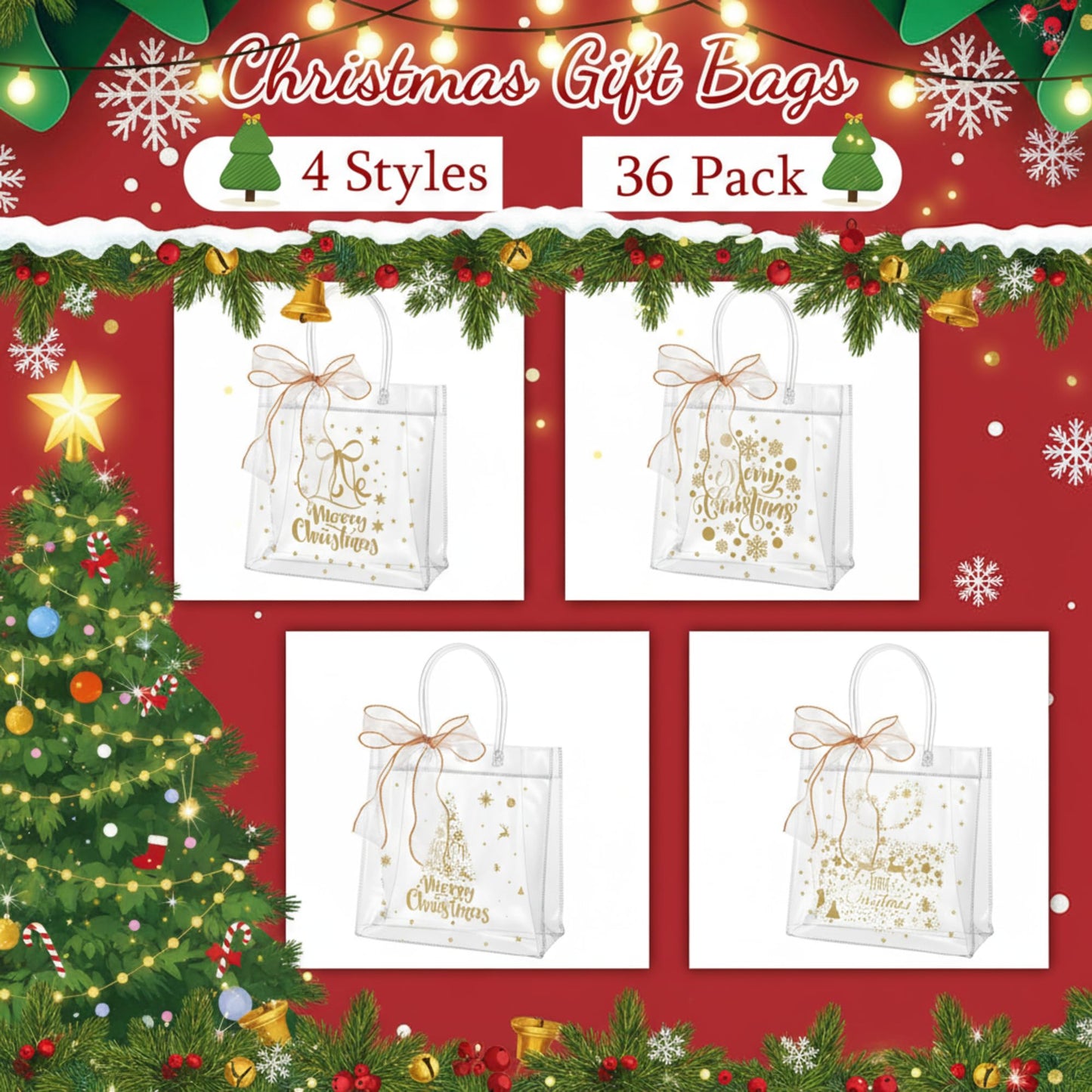 Henoyso 36 Pcs Gold Christmas Clear Gift Bags Plastic Goodie Candy Treat Bag with Handles PVC Gift Wrap Totes with Ribbon for Xmas Party Favors (7.8 x 7.8 x 3.1)