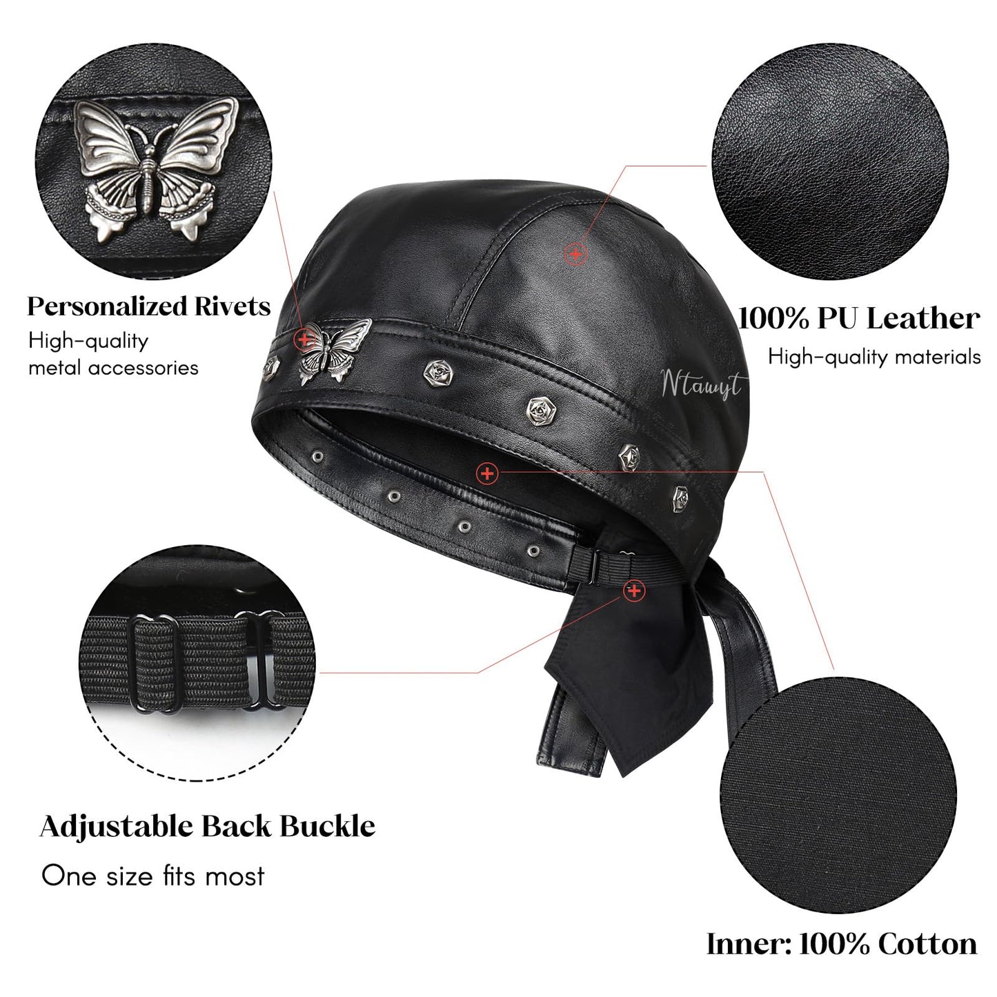 Leather Biker Skull Cap for Women Adjustable Motorcycle Cycling Black Bandana Head Wrap Doo Rag