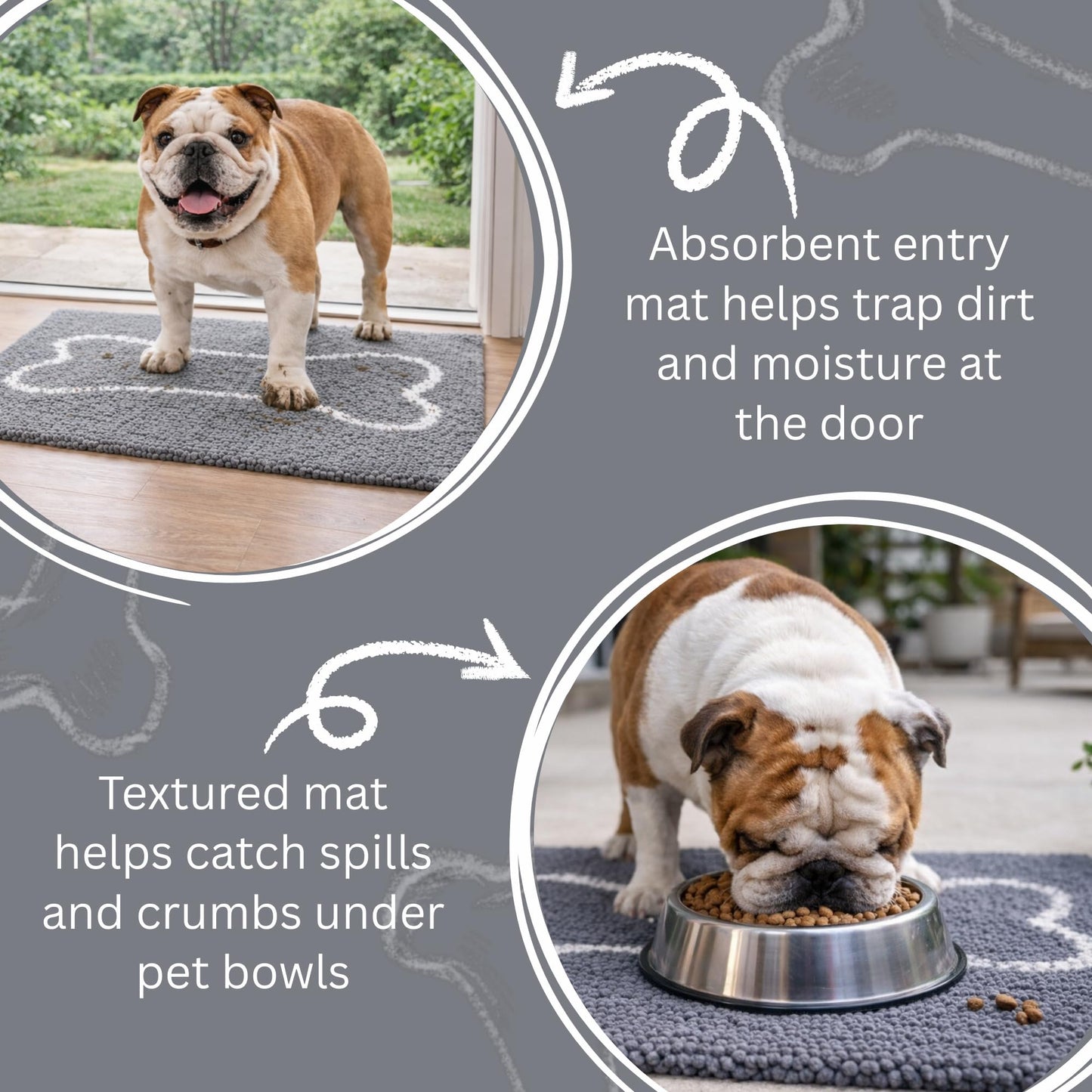 Soggy Doggy Slopmat Dog Food Mat – Absorbent Microfiber Chenille Pet Feeding Mat for Food & Water Bowls, Muddy Paws Small Doormat, Non-Slip, Machine Washable Rug – Gray/Light Gray Bone, 18” x 24”