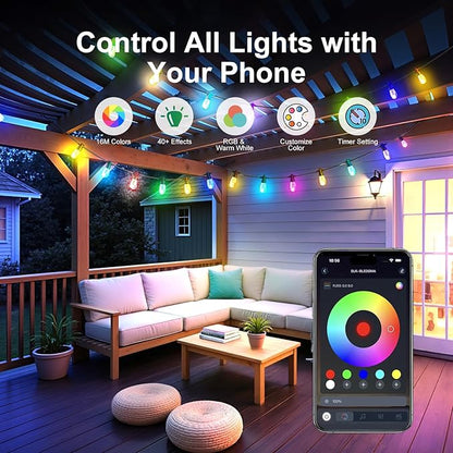 Outdoor String Lights 48ft, Patio Lights with 15 Dimmable LED Bulbs, RGBW & Warm White, IP66 Waterproof, Shatterproof, APP & Remote Control, Color Change, Customizable Colors for Backyard Decor