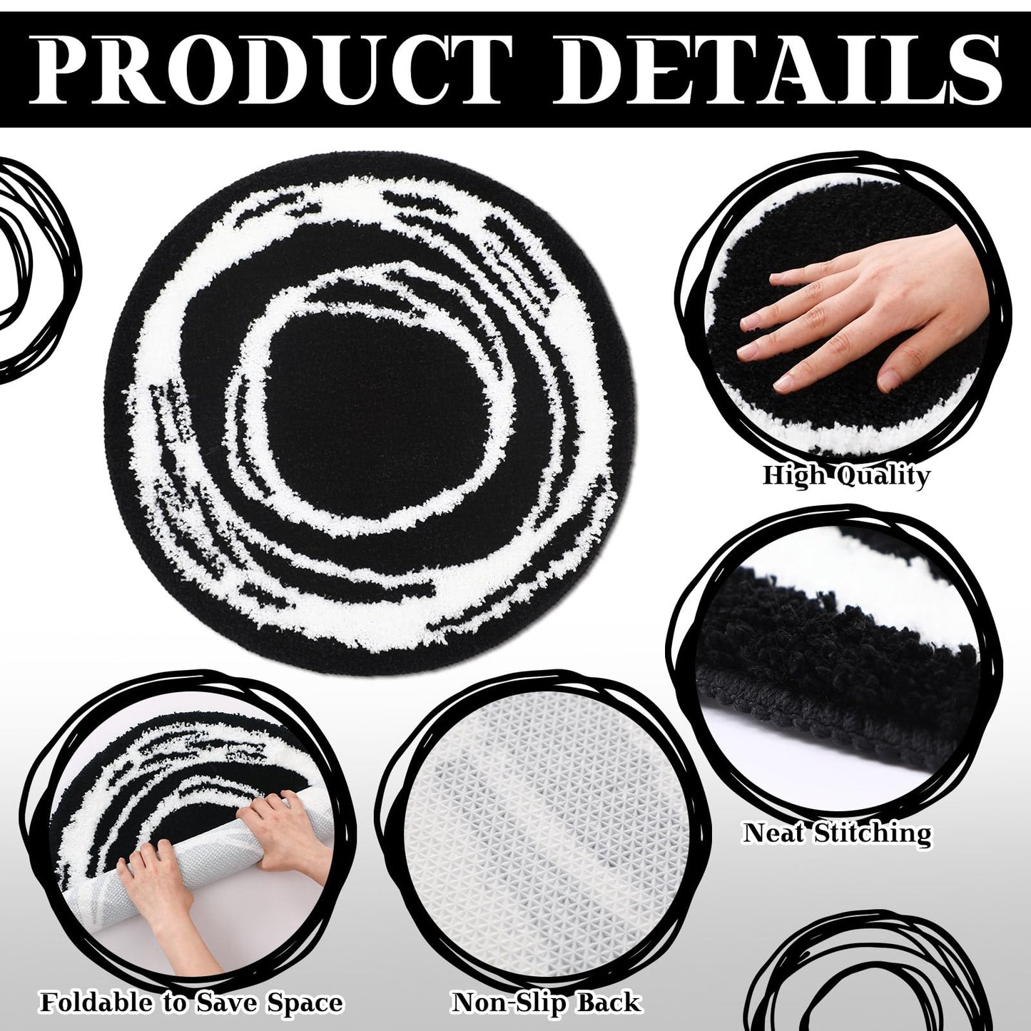 Teenyyou 6 Pcs 16" Black Fluffy Round Classroom Rug Elementary Sampler Abstract Educational Fuzzy Plush Area Rug Kid Room Children Classroom Carpet Playroom Learning Black Round Flexible Seat