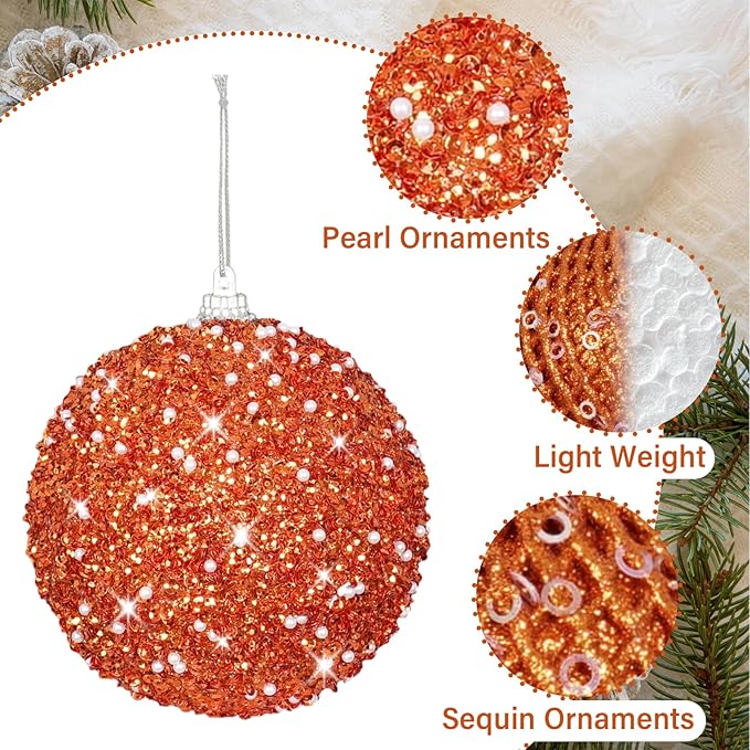 3.15" Christmas Ball Ornaments Glitter Shatterproof Christmas Tree Ornaments Sequin Xmas Hanging Balls Decorations for Wedding Party Holiday(Orange)