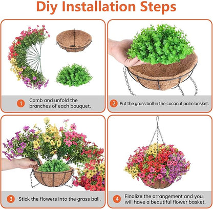 Artificial Hanging Faux Flowers Basket, Fake Silk Daisy Eucalyptus Plants Arrangement,for Spring Summer Outdoor Decoration,UV Resistant, Coconut Planter,Look Real for Home Garden Decor (Multi Color)