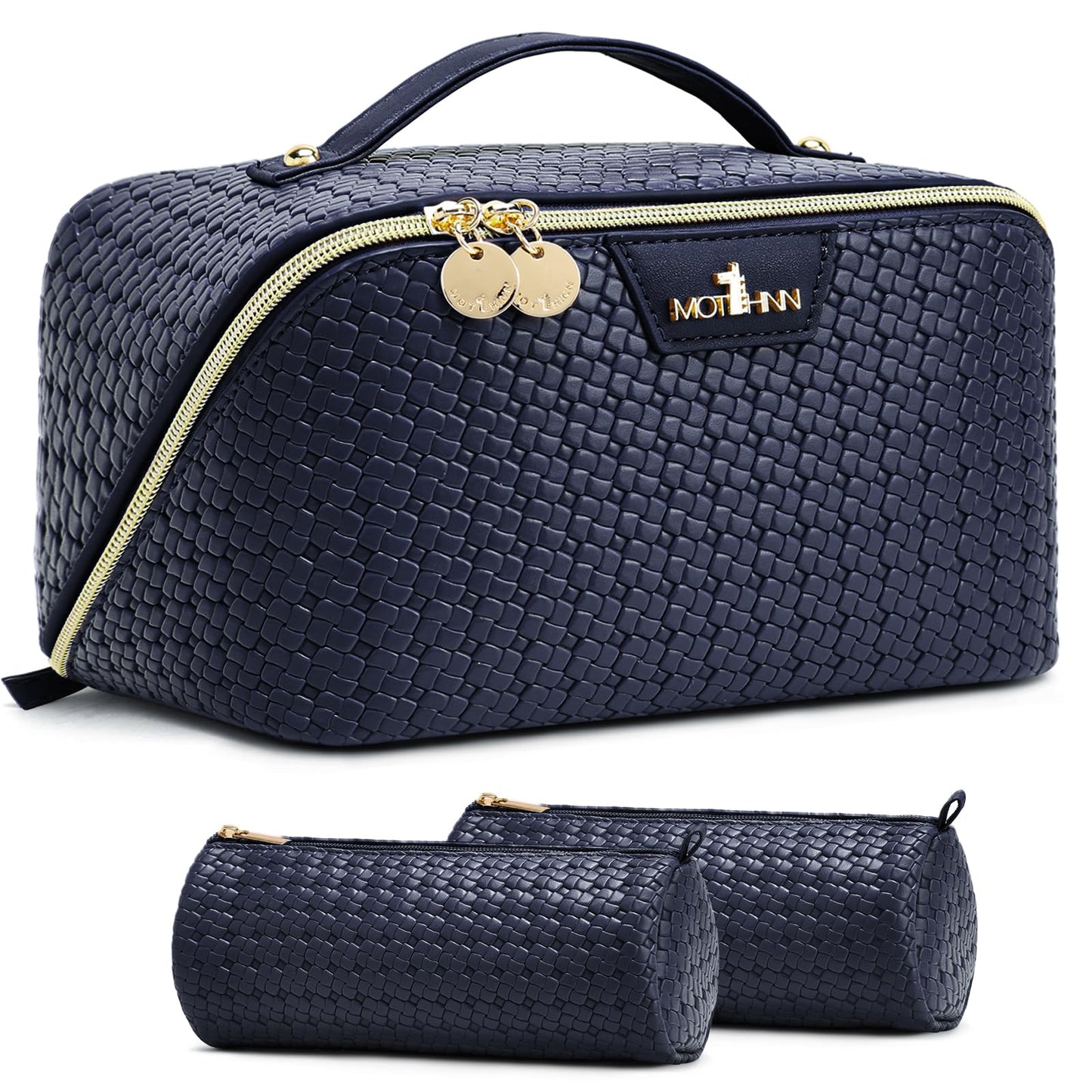 Travel Makeup Bag for Women: 3 Pcs Set Cosmetic Bags for Women - Large Capacity Vagen Leather Hand-made for Toiletry Organizer - Waterproof Ladies Travel Flat Open Essentials for Luxury (03Blue)