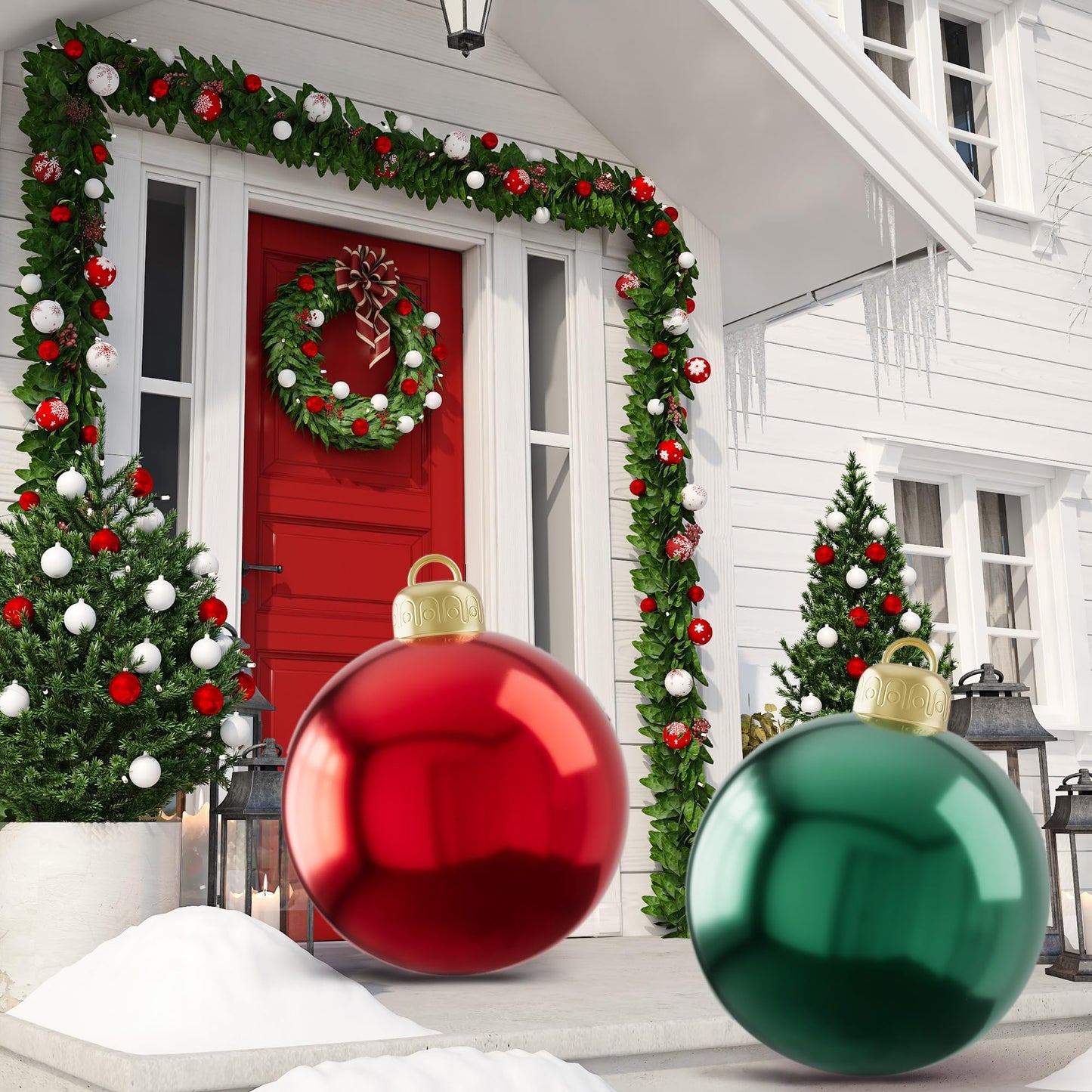2PCS PVC Christmas Inflatable Ball 24 Inch Giant Inflatable Christmas Decorations Ball Christmas Ornament Balls Xmas Blow up Balls for Outside Holiday Yard Lawn Decor (Red&Green)