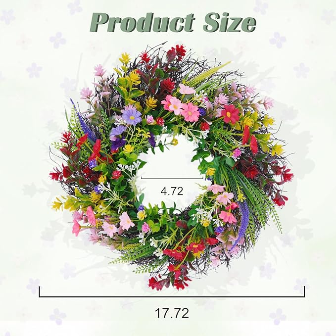 Daisy and Lavender Wildflower Spring and Summer Artificial Spring Wreath Silk Summer for Front Door Home Wall Wedding Festival Farmhouse Holiday Decor with Peg (18 inches)
