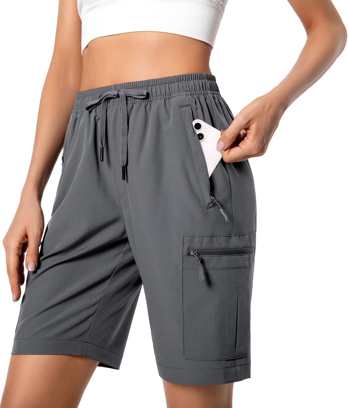 Hugut Women's Lightweight Hiking Cargo Shorts Quick Dry Athletic Shorts Camping Travel Golf Zipper Pockets Water Resistant Dark Grey