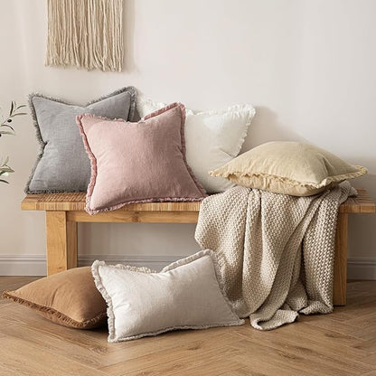 MIULEE Decorative Throw Pillow Covers Neutral Linen Fringe Throw Pillows Set of 2 Pink Boho Farmhouse Cushion Covers with Tassels for Couch Sofa Bed Living Room Spring Home Decor 18x18 Inch