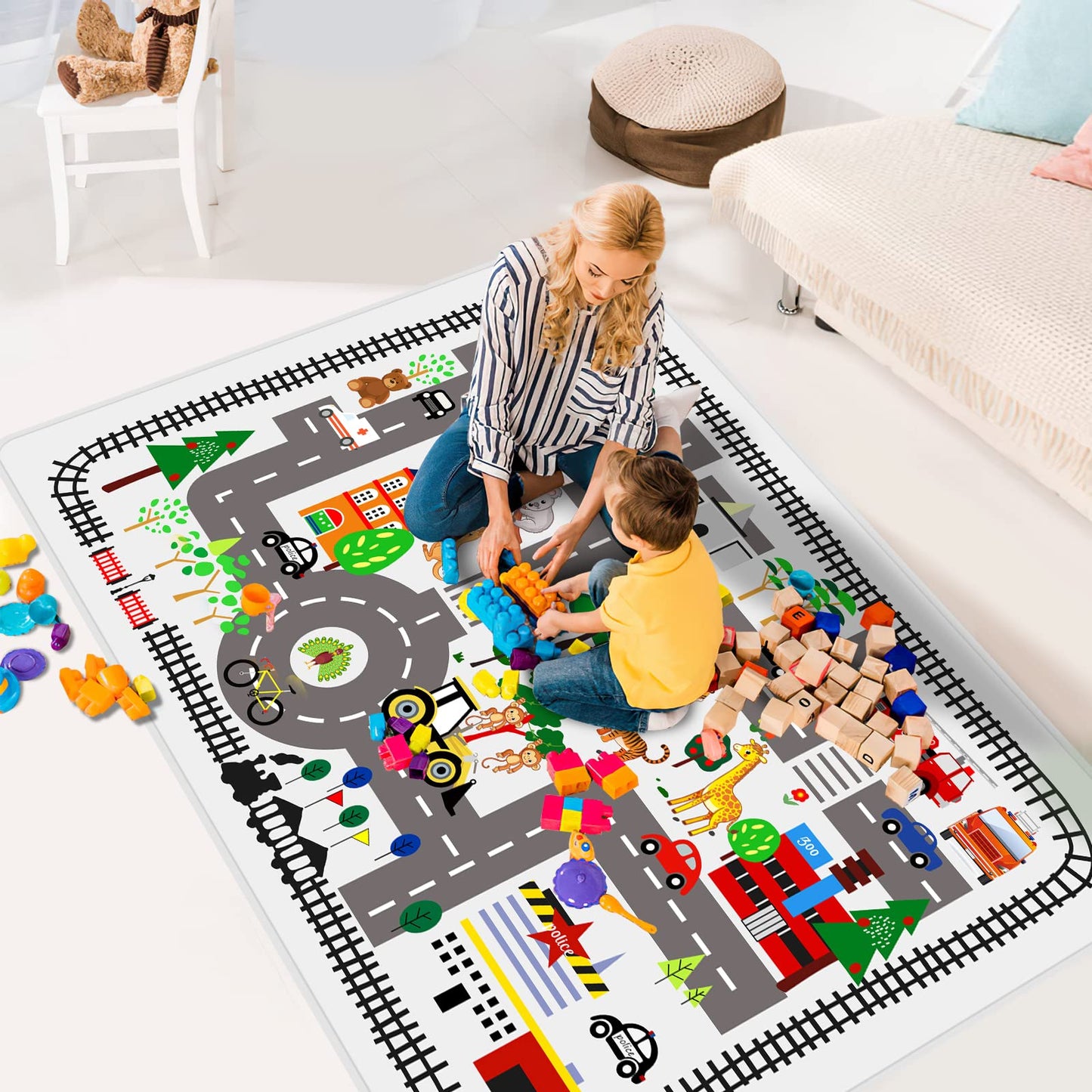 LTKOUGFAM 5x7ft Kids Town Road Play Rug - Car Playmat, Kids Rugs for Playroom Car Mat Town City Road Traffic Rugs, Extra Large Boys Kid Cars Track Play Rug (Style Five, 78.7X 59 INCH)