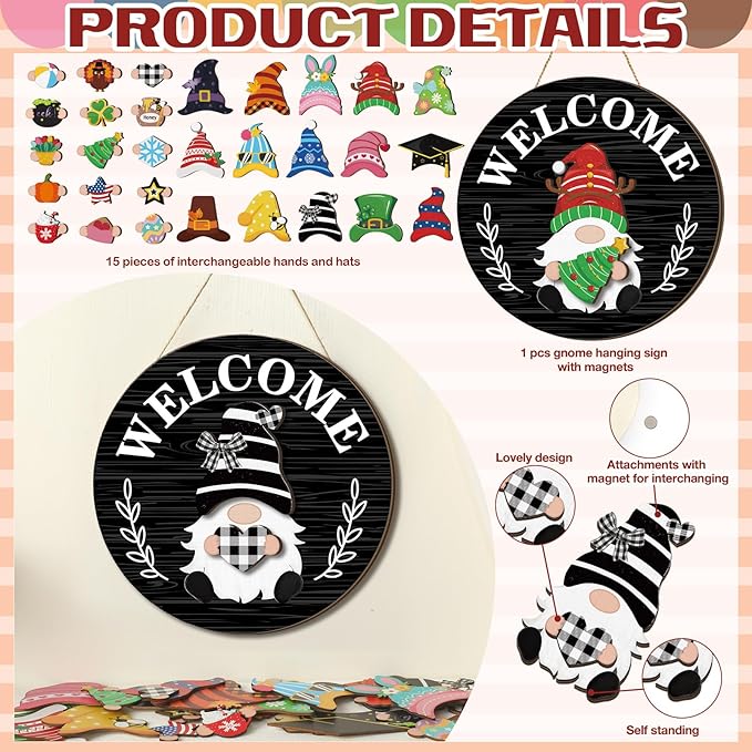 Qunclay Interchangeable Wooden Gnome Decor Holiday Seasonal Gnome Decorations with Magnet Pieces and Detachable Hats Changeable Welcome Sign for Home(Black Style)
