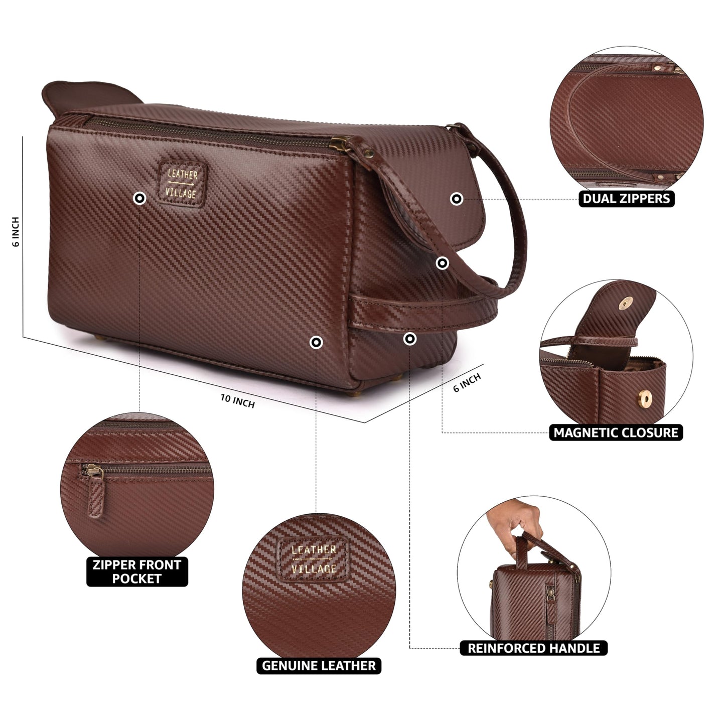 LEATHER VILLAGE Genuine Carbon Fiber Genuine Leather Travel Toiletry Bag - Large Dopp Kit, Water-Resistance Bathroom & Shaving Organizer for Men & Women - Brown