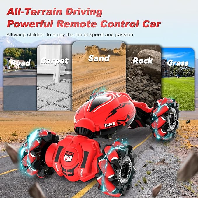 RC Car Toys for Boys Girls 6-12 Birthday Xmas Gifts for 6 7 8 9 10 11 12 Years Old Gesture Sensing RC Stunt Car with Lights Music 2.4GHz 4WD Hand Remote Control 360° Rotate All-Round Drift