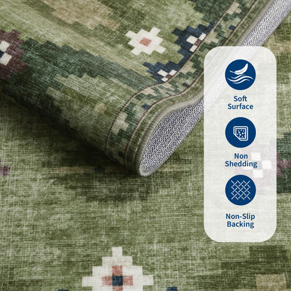 8x10 Washable Area Rug for Living Room Non Slip Modern Geometric Large Bedroom Rugs Stain Resistant Mid Century Dining Room Throw Carpet Soft Boho Tribe Area Rugs for Nursery Home Office, Green