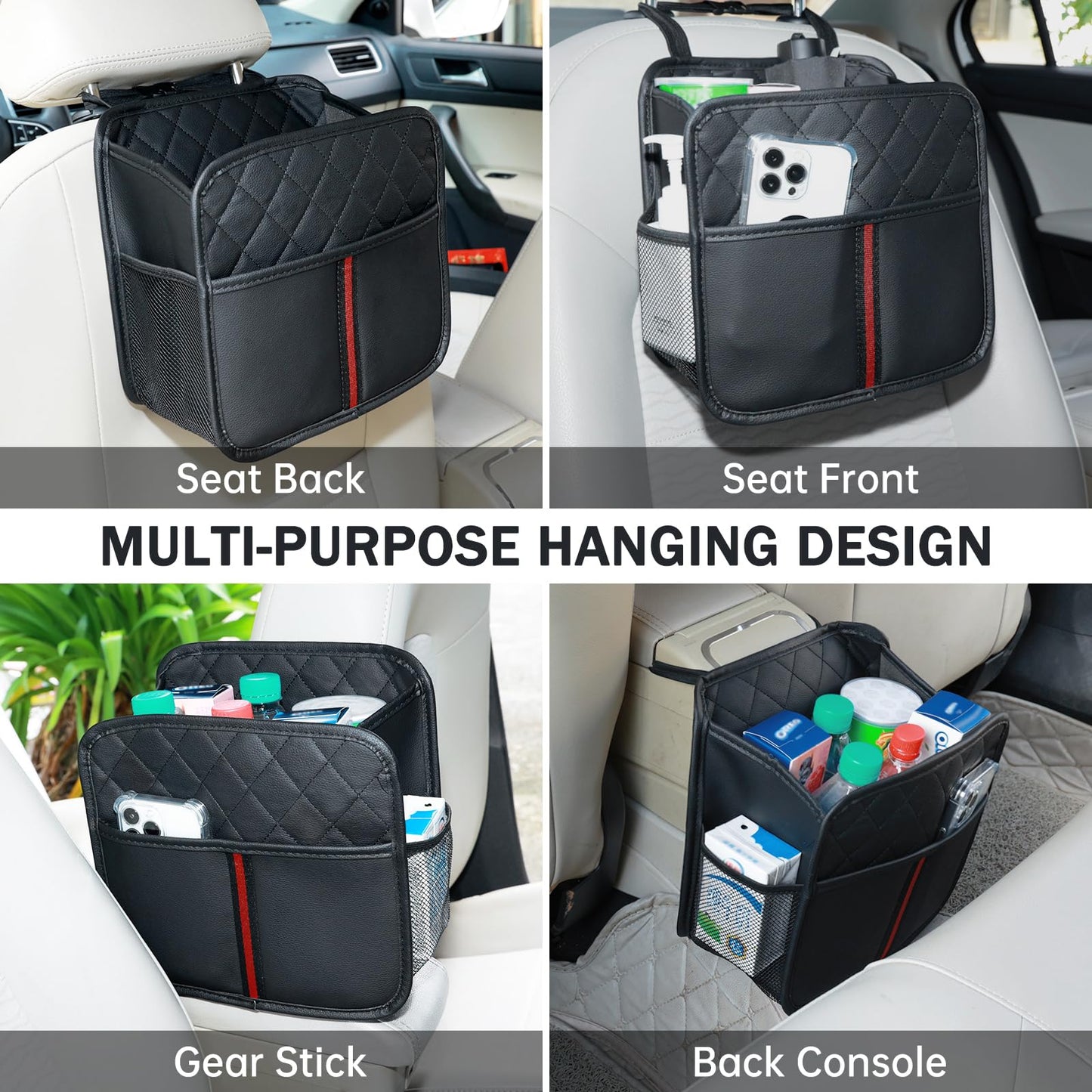 JHLGRE Car Seat Back Organizer, 1 Pack Multifunctional car organizers and storage with Cup Holders, Car Trash Can, Back of Seat Car Organizer for Kids & Adults, Universal for Most Cars, Black