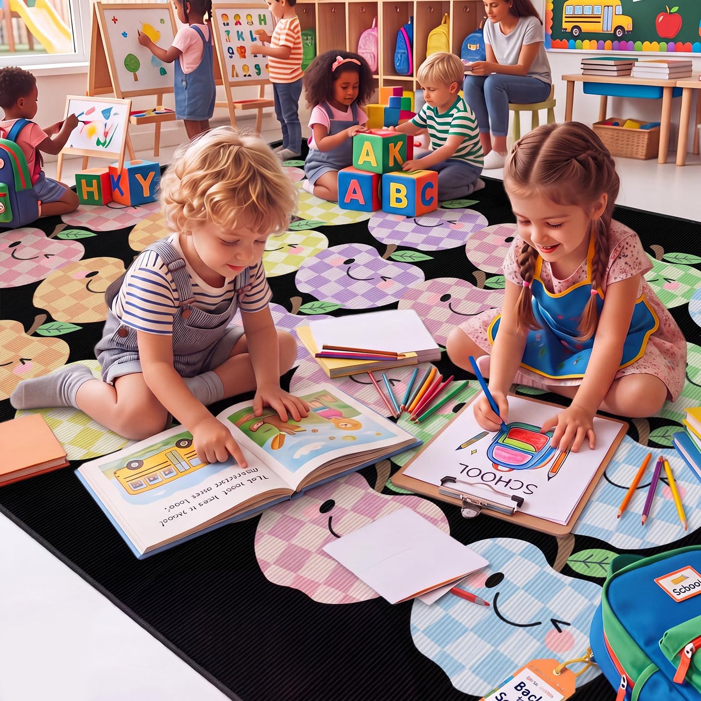 BreezeHug 5 x 7.55ft Smile Apple Classroom Rug Pastel Checkered Apple Area Rug Non Slip Kids Floor Carpet Large Play Mat for Elementary Kindergarten Preschool Daycare Nursery Reading Corner