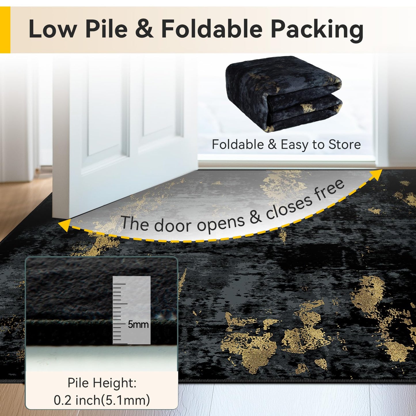 RELEANY Washable Area Rugs 8'x10' Non-Slip Modern Abstract Soft for Living Room Entryway Bedroom Kitchen, Print Pattern, Dark Black Gold