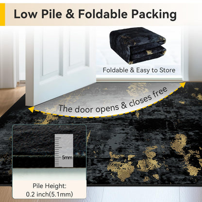RELEANY Washable Area Rugs 8'x10' Non-Slip Modern Abstract Soft for Living Room Entryway Bedroom Kitchen, Print Pattern, Dark Black Gold
