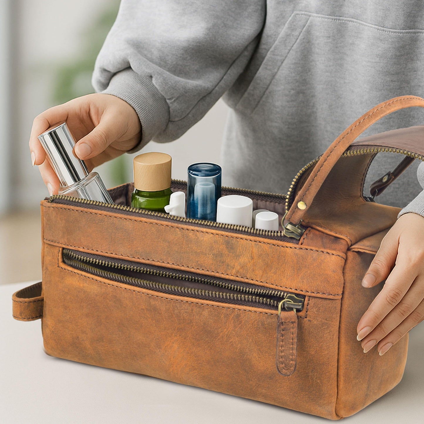 Rasavi Genuine Leather Travel Toiletry Bag for Men & Women, Handcrafted Vintage Dopp Kit, Water-Resistant Shaving & Bathroom Essentials Organizer - Distressed Brown
