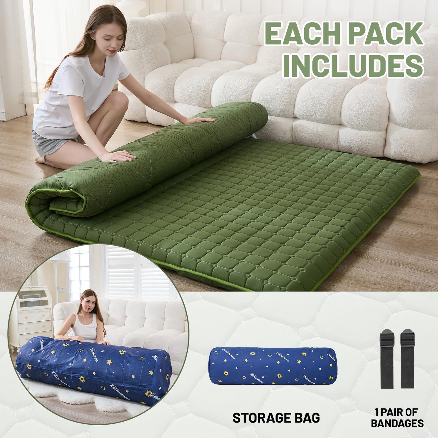 Zelladorra Japanese Floor Mattress Twin, Anti-Slip Japanese Futon Roll Up Tatami Mat for Guests, Green