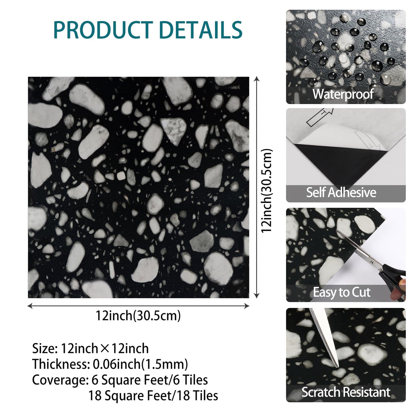 VaryStyle Waterproof Vinyl Flooring Terrazzo Peel and Stick Floor Tile 12"x12" Black and White Vinyl Floor Tiles Self Adhesive Removable Stick on Tile for Kitchen Basement Bathroom Flooring 6-Sheet