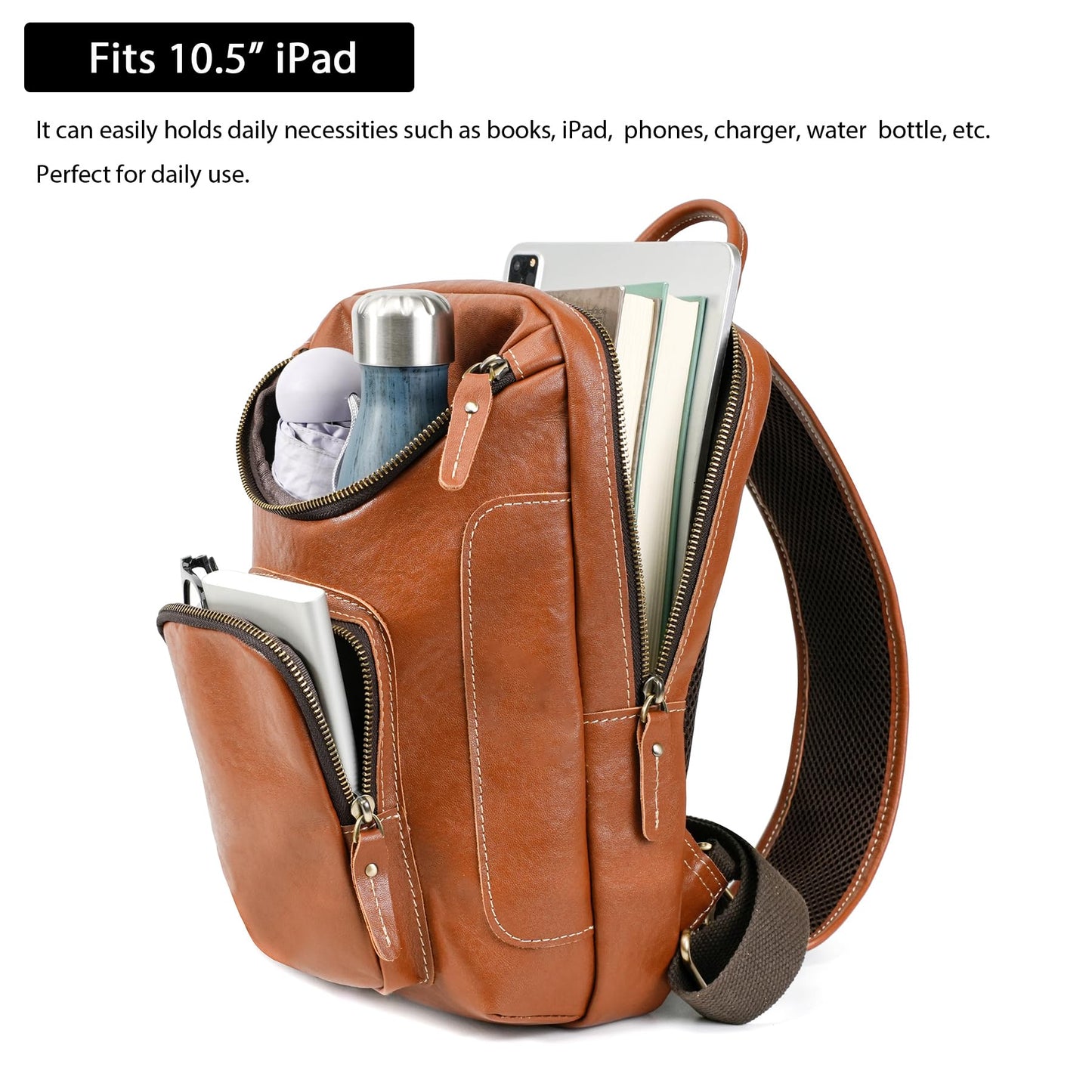 LANNSYNE Vegetable Tanned Leather Sling Bag For Men Fits 10.5" iPad, Crossbody Chest Daypack
