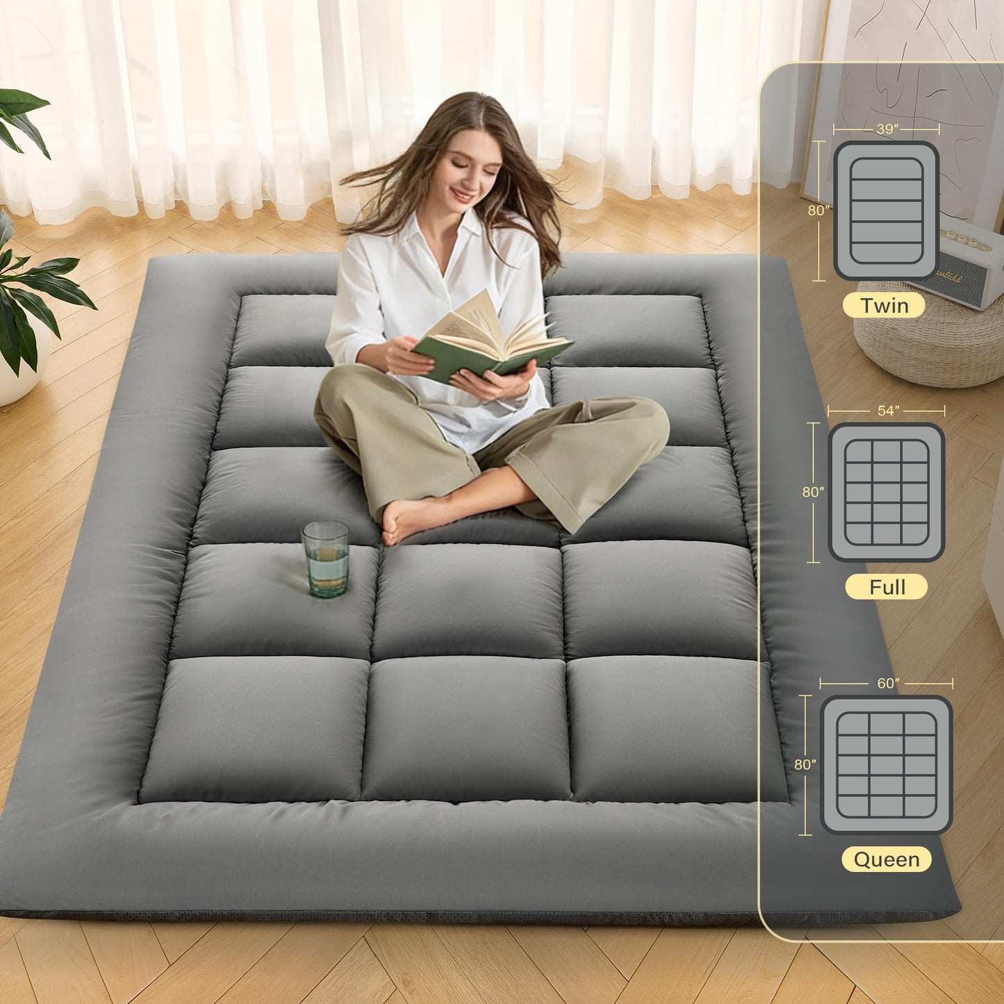 DOWNSTORIA Japanese Floor Mattress, Foldable Futon Mattress Tatami Mat with Handle, Roll Up Camping Sleeping Pad for Adults, Guestroom Floor Bed, Full Size, Grey